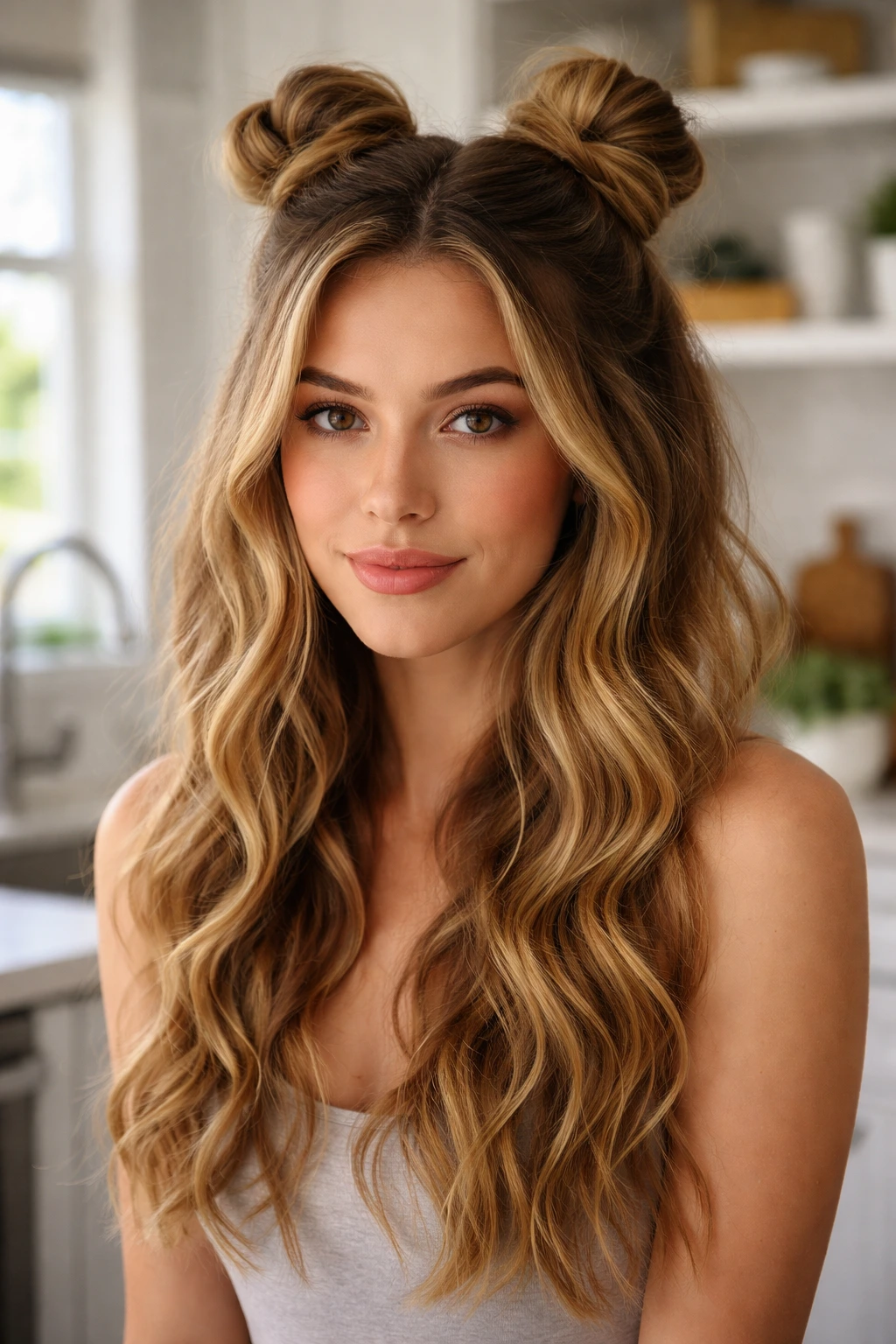Woman with space buns and loose waves hairstyle