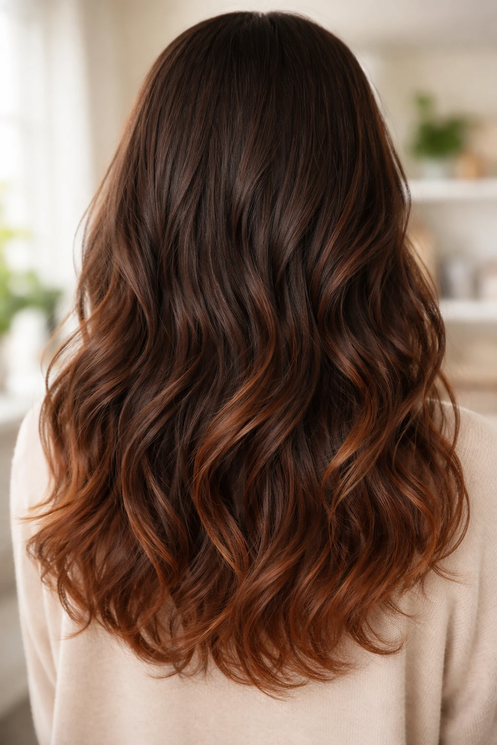 Close-up of hair ends with spice-toned auburn tips on a real person