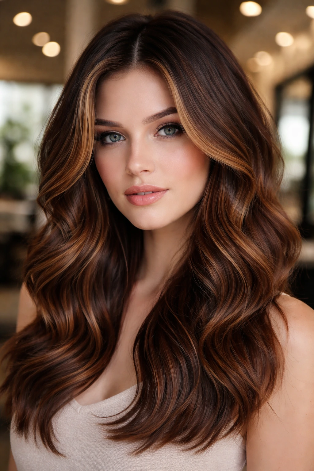 Close-up portrait of a real person with Cinnamon Spice Dimension hair color showing natural root, chocolate lowlights, and cinnamon highlights.