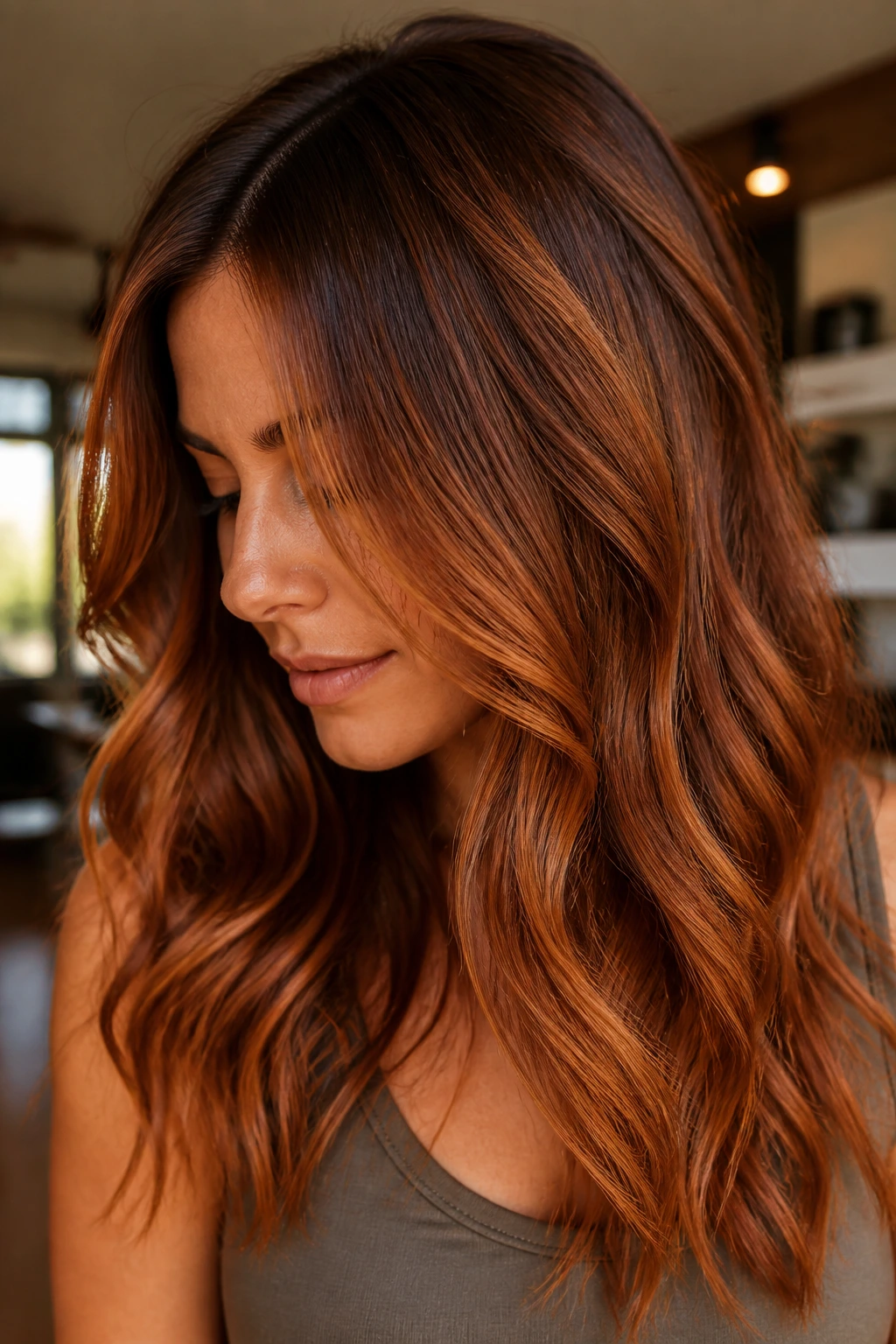 Close-up of brunette with spice-rack copper tones and soft roots