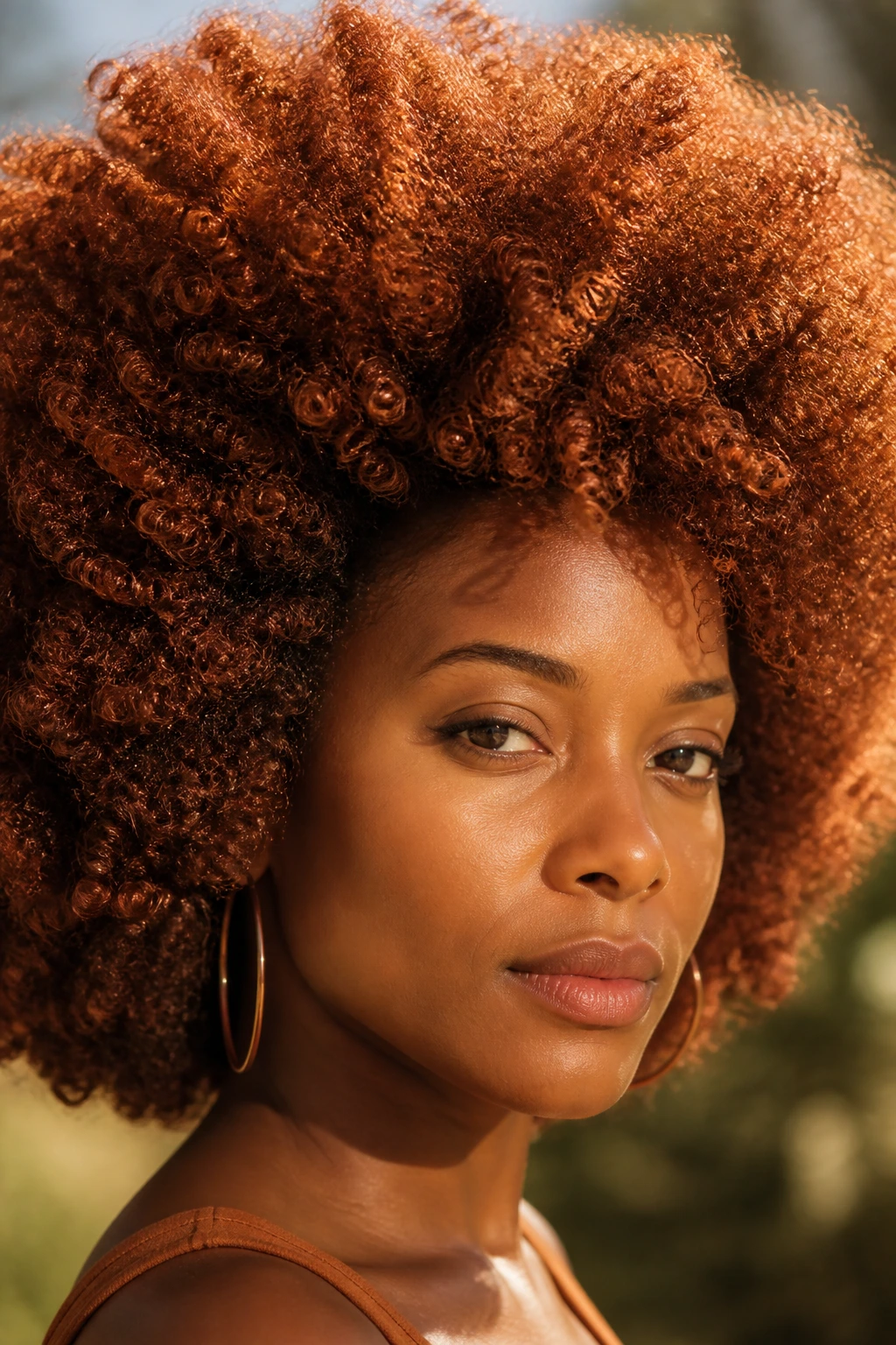 Close-up of real woman with spiced auburn afro showing rich interior shading and glowing edges