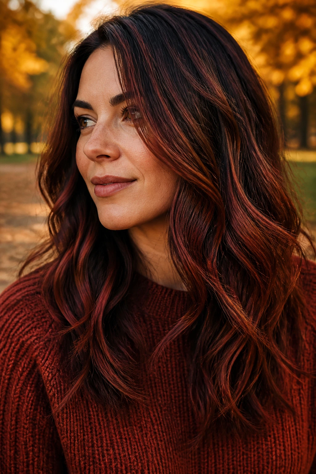 Spiced brick balayage on brown hair in golden hour light