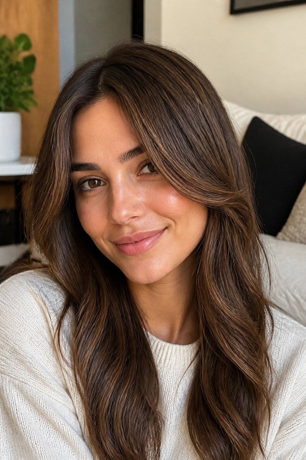Portrait of a woman with spiced brown hair and micro highlights in natural light.