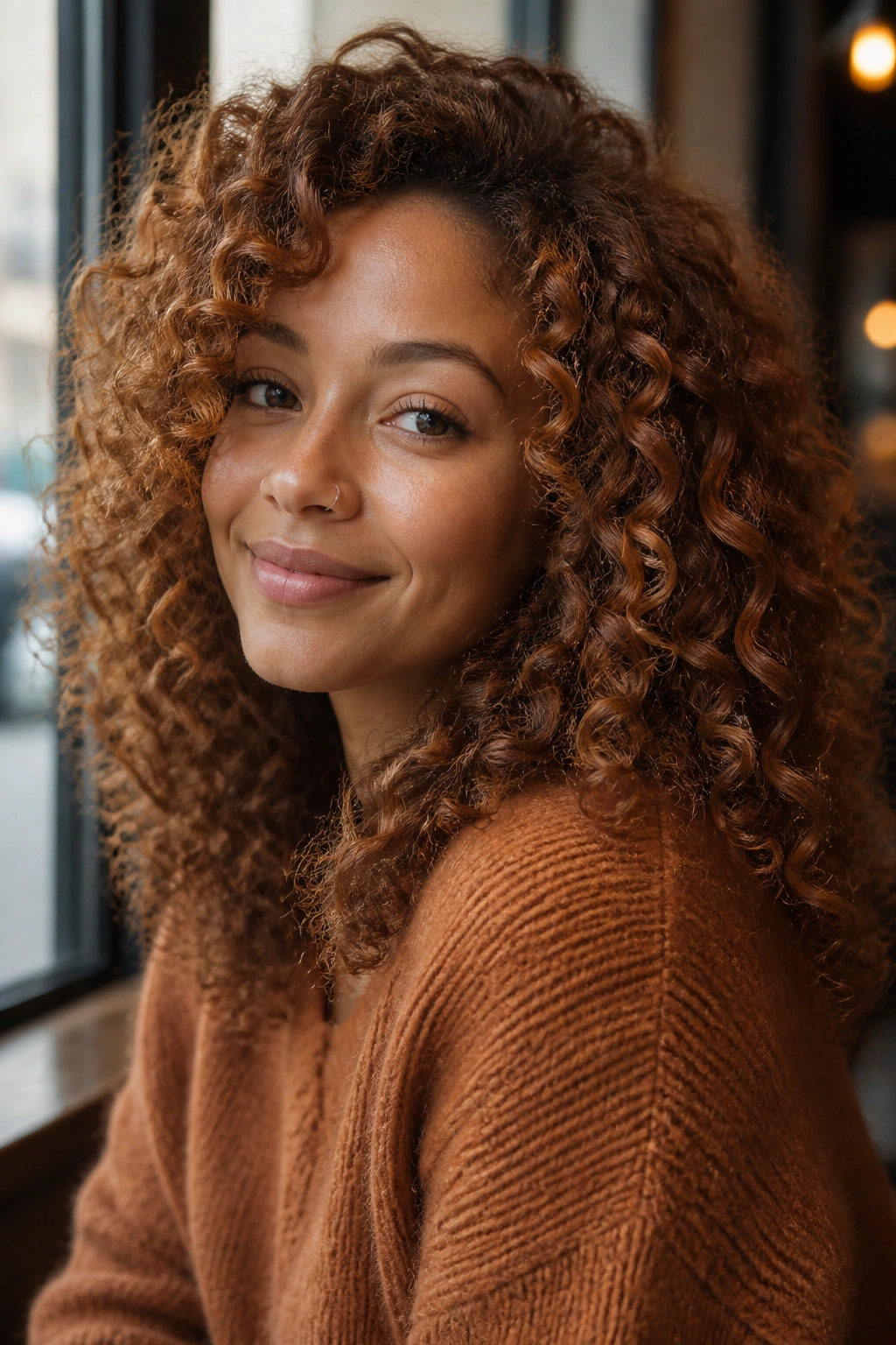 Close-up of a real woman with curly hair in spiced caramel ginger with caramel base and ginger overlay