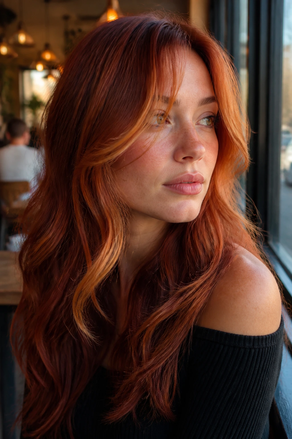 Close-up of spiced copper with brighter face-framing layers on a real person