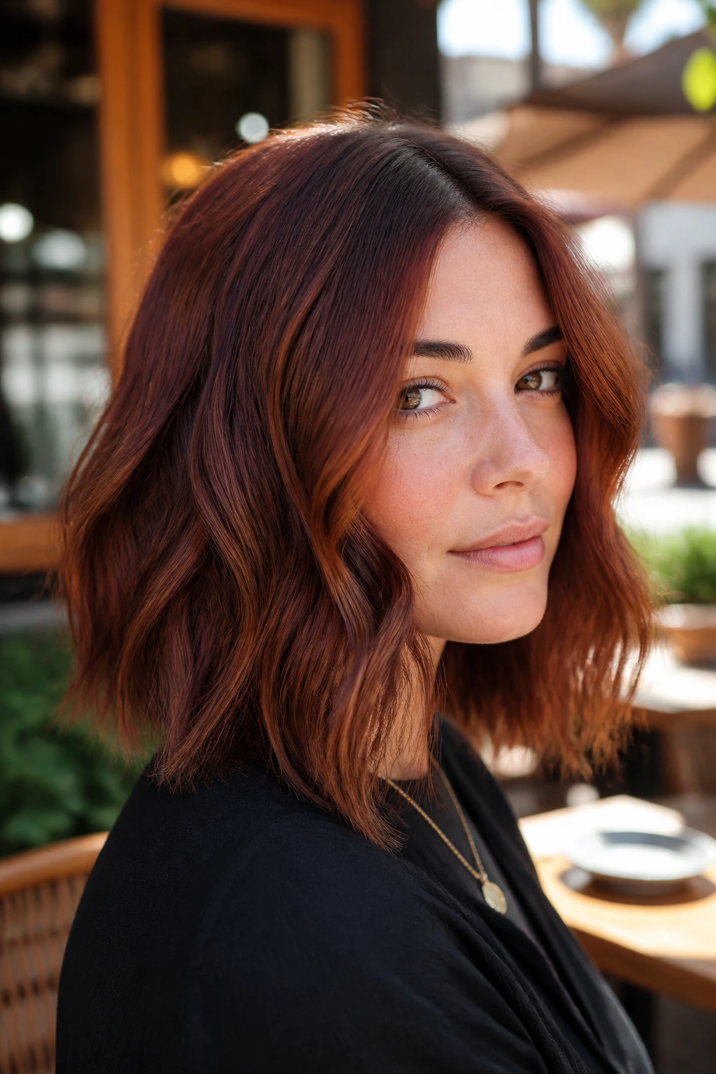 Portrait of a woman with spiced copper mushroom lob hair in a warm outdoor setting.