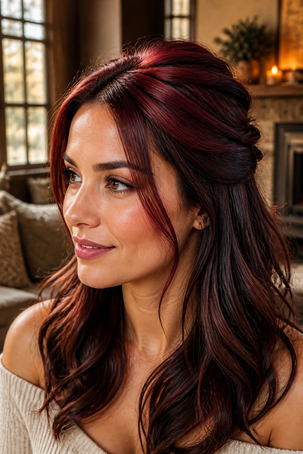 Close-up of a real woman with a cranberry halo around the crown and temples