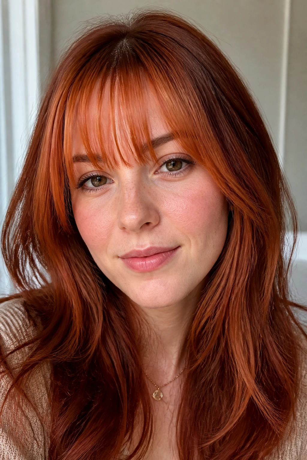 Portrait of a woman with spiced ginger copper fringe near the eyes