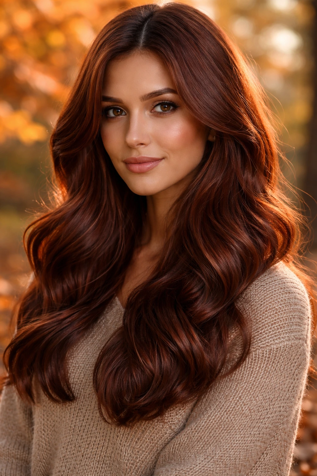 Close-up of a real woman with spiced mahogany hair and warm red-brown undertones.