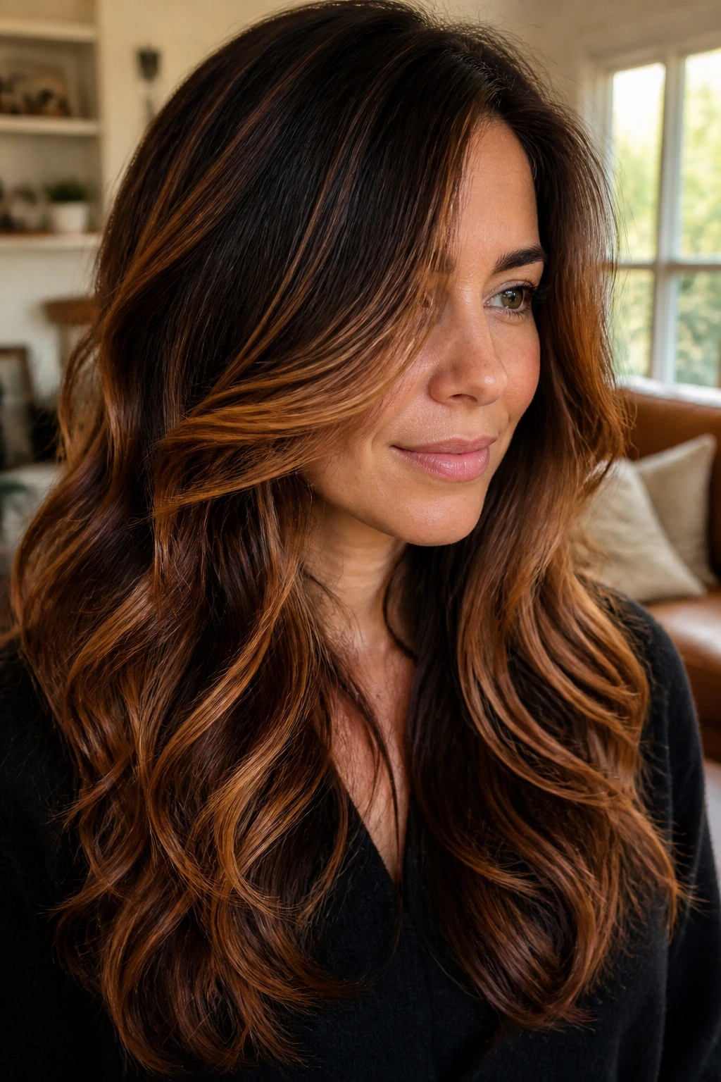 Close-up portrait of layered brunette hair with maple copper balayage in a cozy living room.