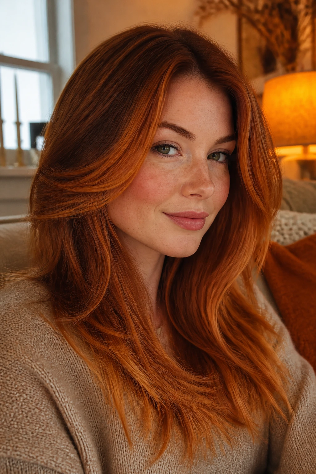 Close-up portrait of a real woman with layered spiced pumpkin copper highlights.