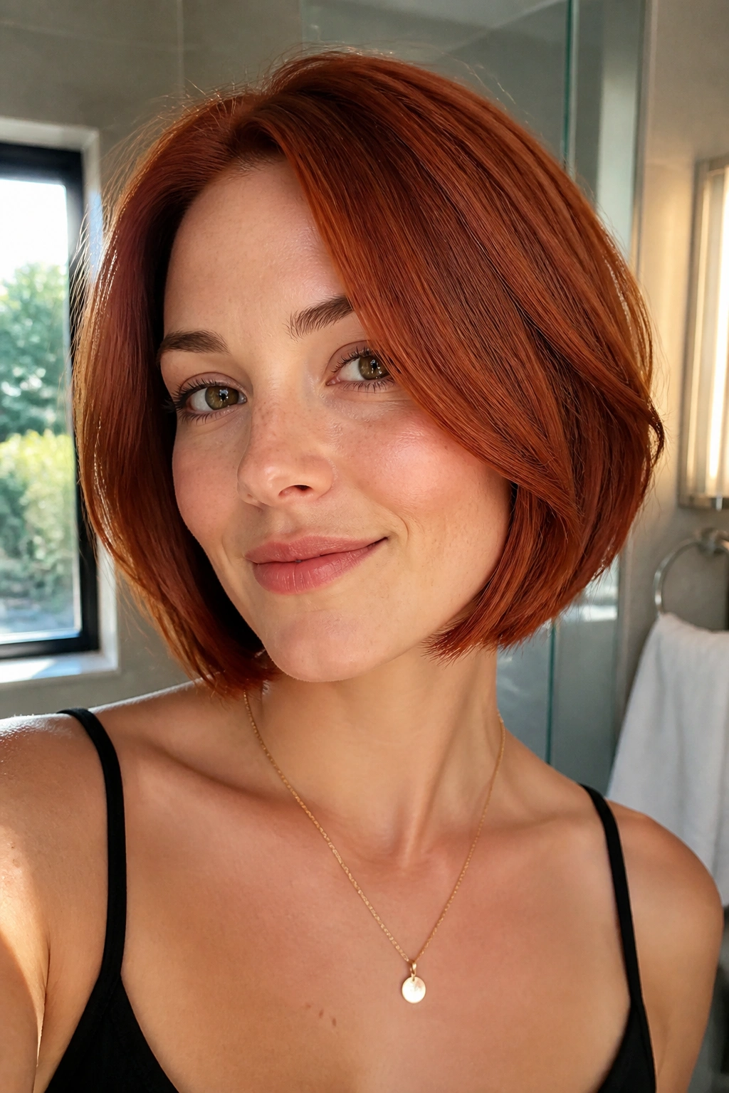 Close-up of real person with a chin-length tomato red bob