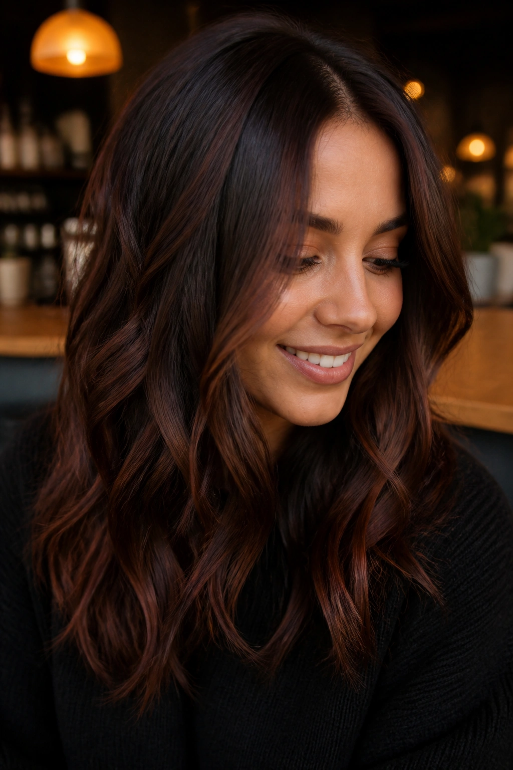 Real woman showing subtle spiced walnut red balayage on brunette hair in warm cafe light.