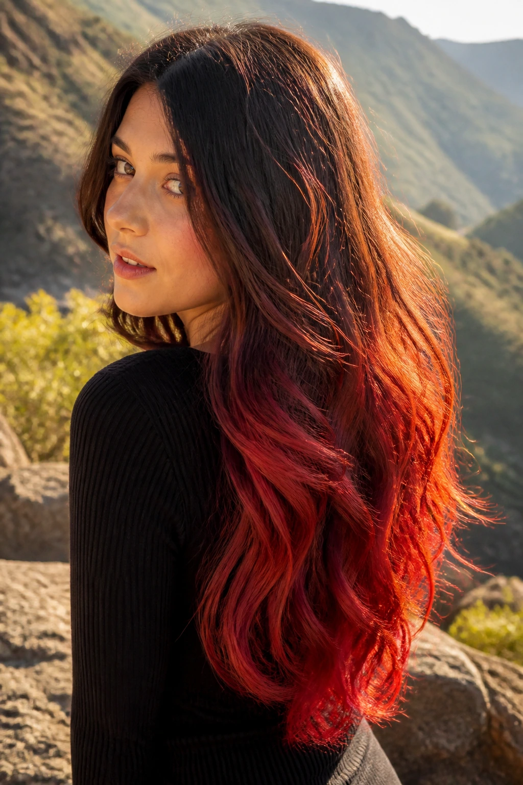 Long hair with spicy red ombre from brown roots to red ends