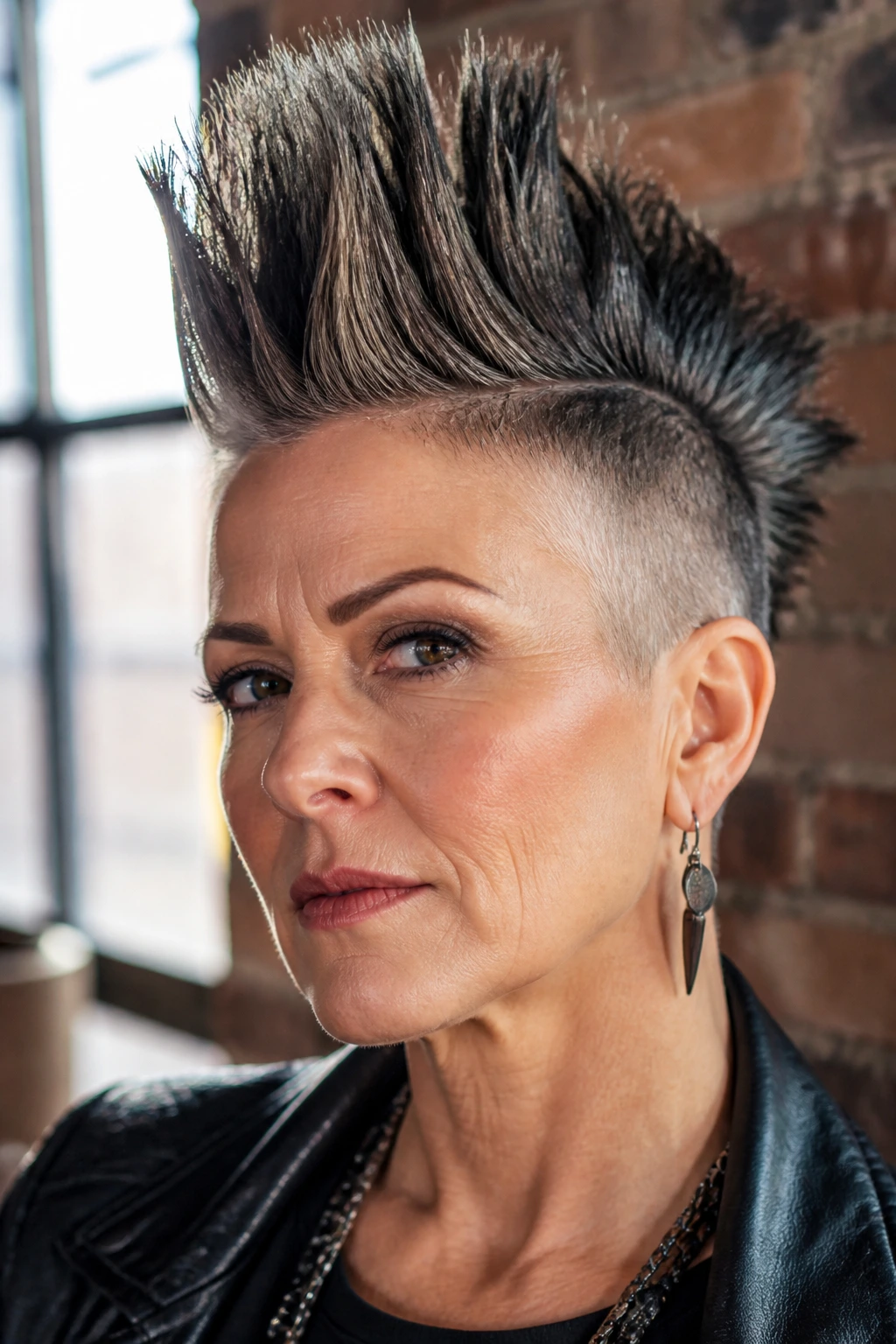Portrait of a real woman with a high-spike faux hawk and short sides