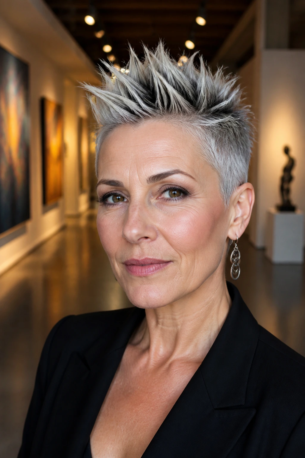 Close-up portrait of a real woman with a sophisticated, center-directed spiked mohawk.