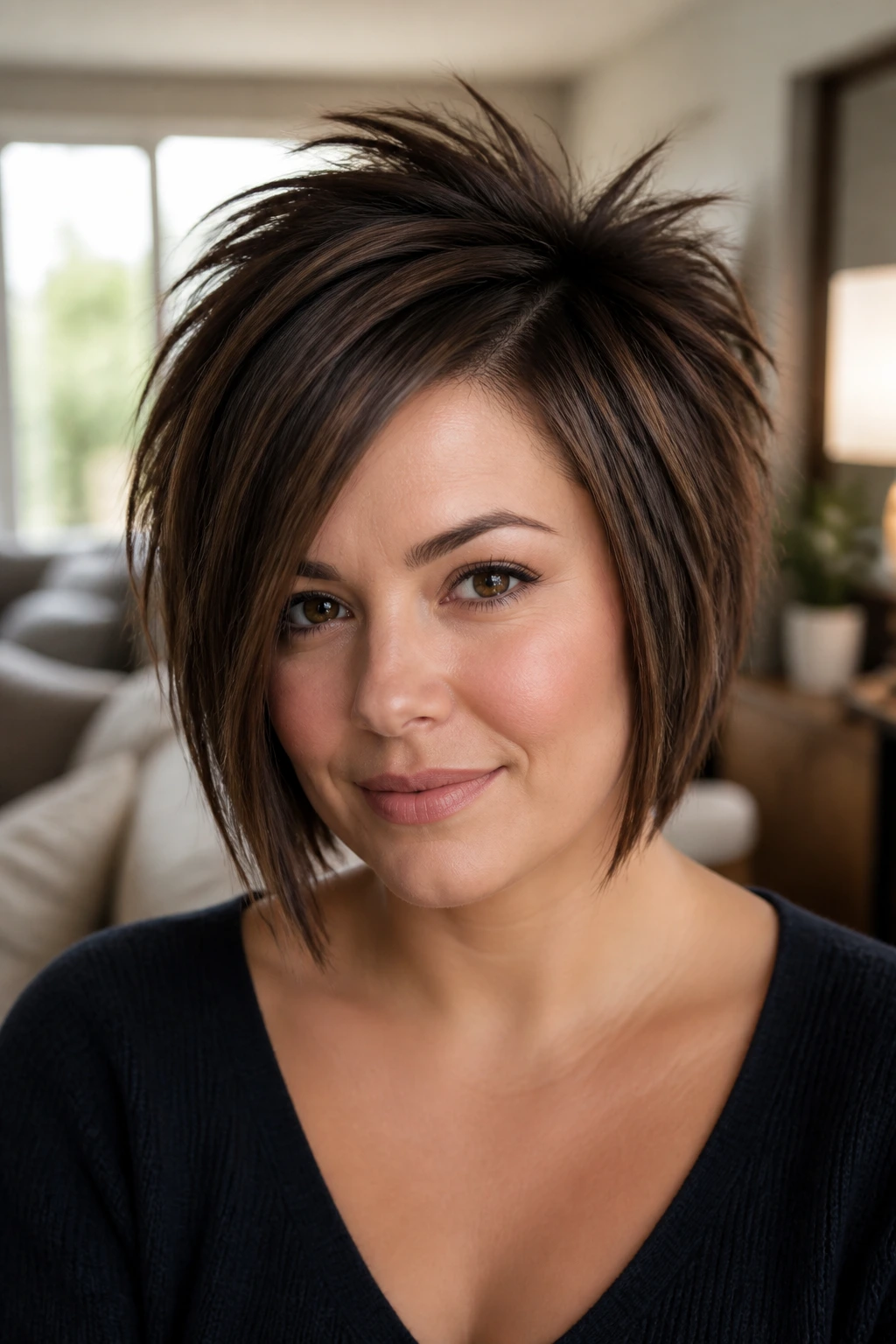 Close-up portrait of a real woman with a chin-length spiky bob featuring crown volume for round face.