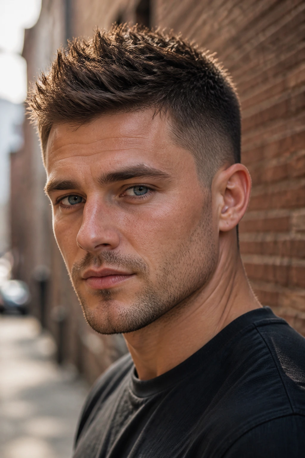 Close-up portrait of a man with a spiky crop hairstyle