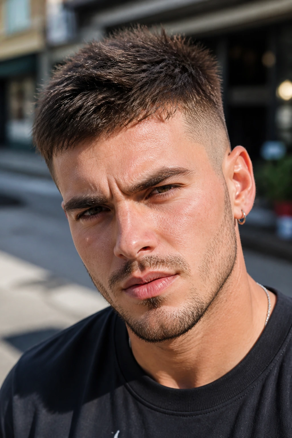 Close-up portrait of a real man with a spiky crop hairstyle in daylight street scene.
