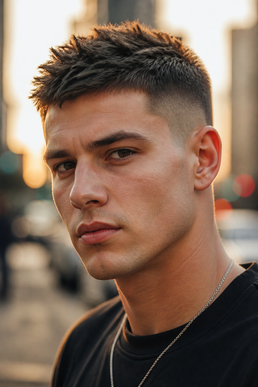 Close-up portrait of a man with a spiky crop hairstyle in an urban setting