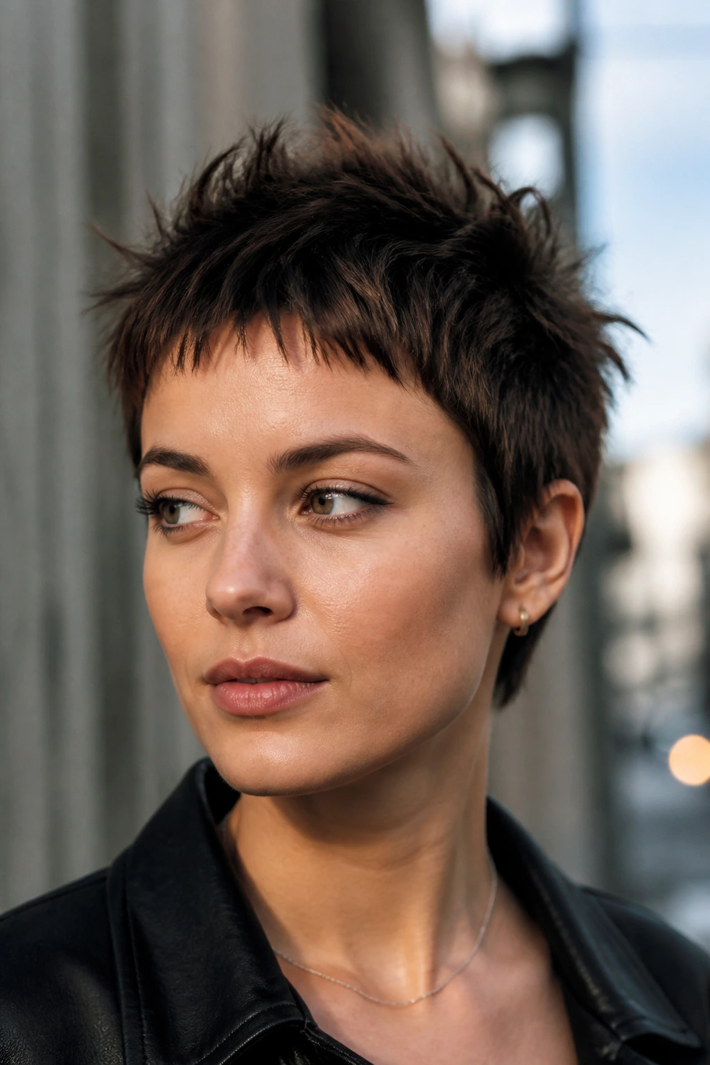 Close-up of a real person with a spiky crop and micro-fringe above the brows.