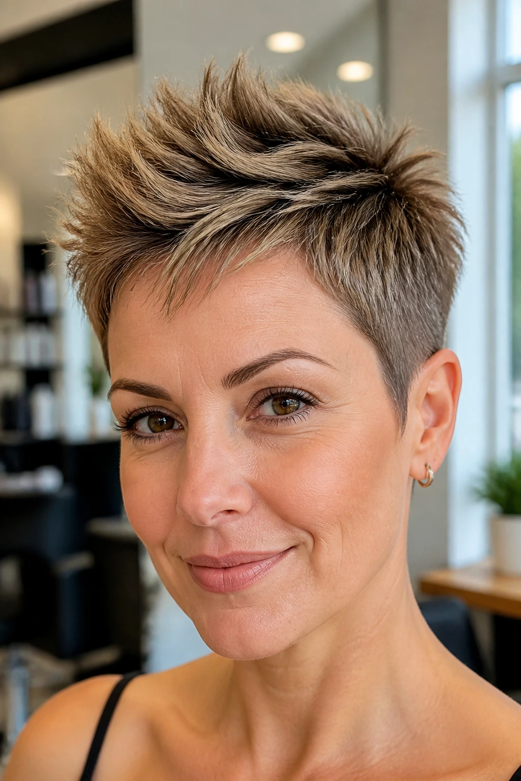 Close-up portrait of a real woman with a spiky crown pixie under natural window light.