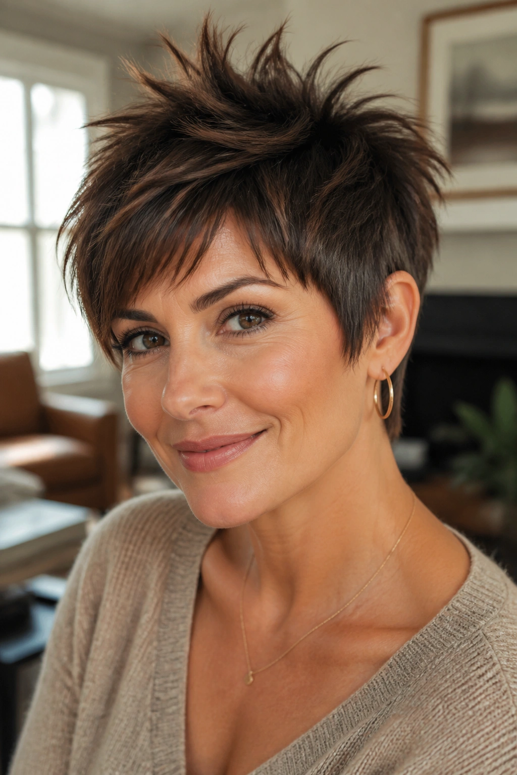 Close-up portrait of a real woman with Spiky Crown Pixie hairstyle featuring uneven crown spikes and soft fringe.