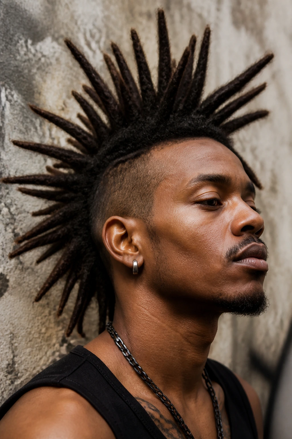 Real person with spiky dreadlock mohawk, tips styled upward