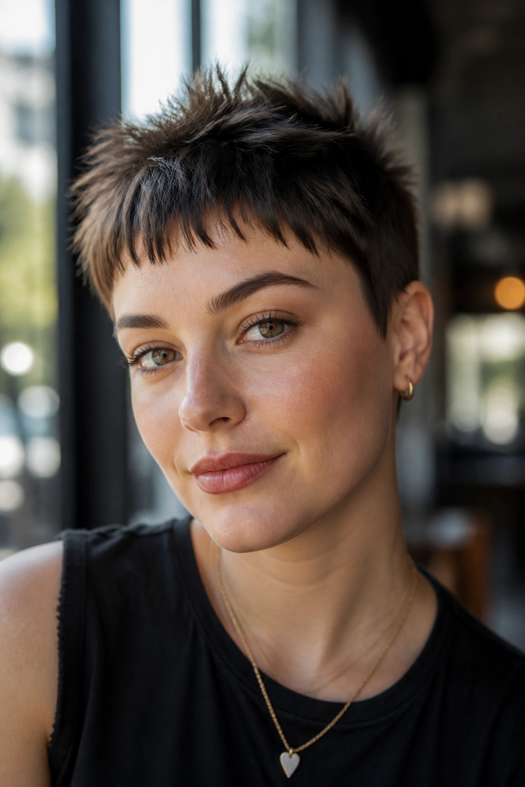 Close-up portrait of a real person with spiky cropped fringe and lifted front pieces