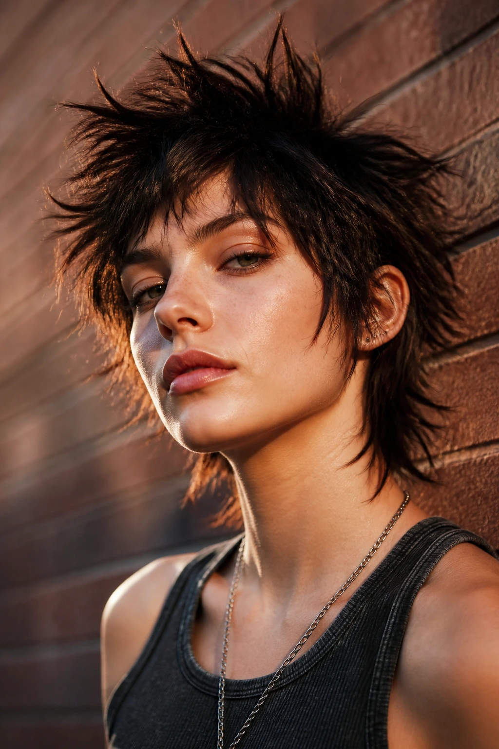 Close-up portrait of a real person with a spiky grunge shag hairstyle in warm urban light