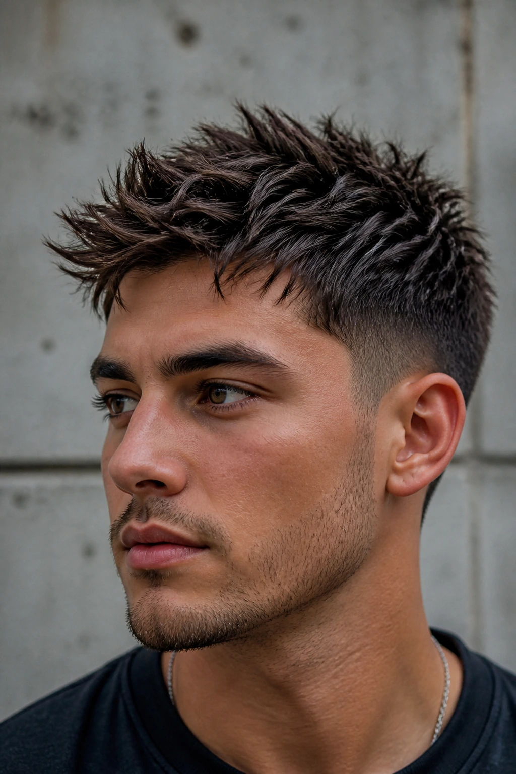 Close-up of a man with a short spiky crop and textured piecey spikes