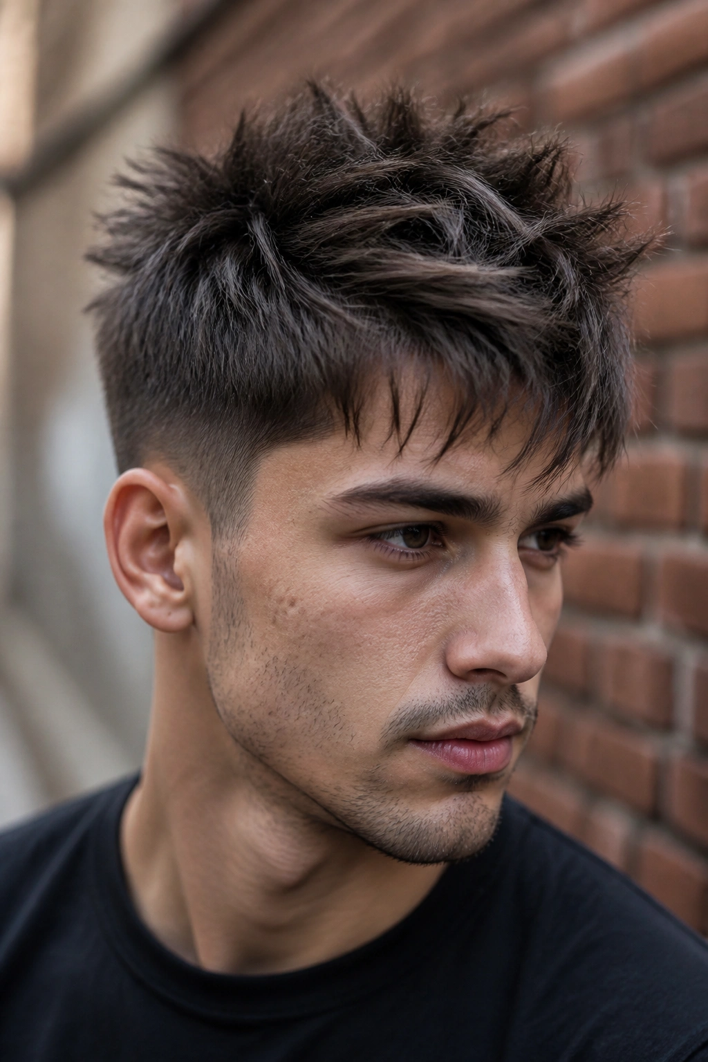 Close-up of a man with a spiky layered haircut and tapered sides