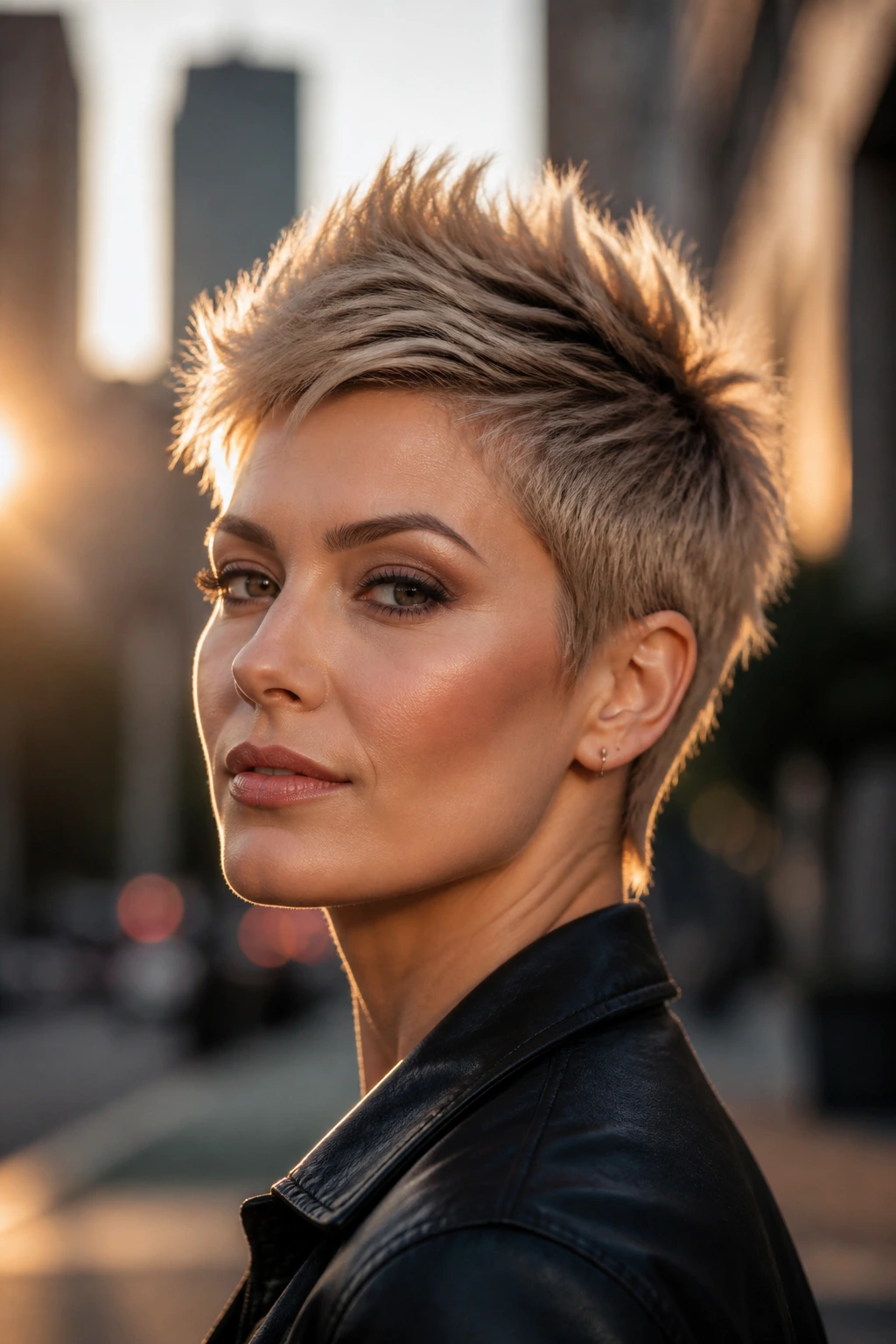 Close-up portrait of a real woman with a spiky pixie hairstyle