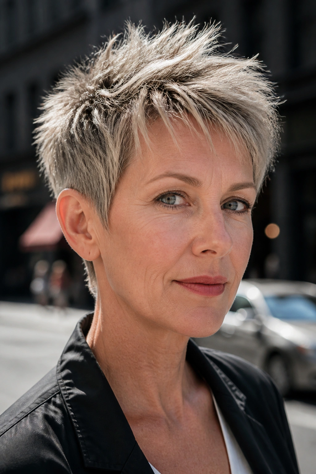 Close-up of a real woman with a spiky pixie and airy texture