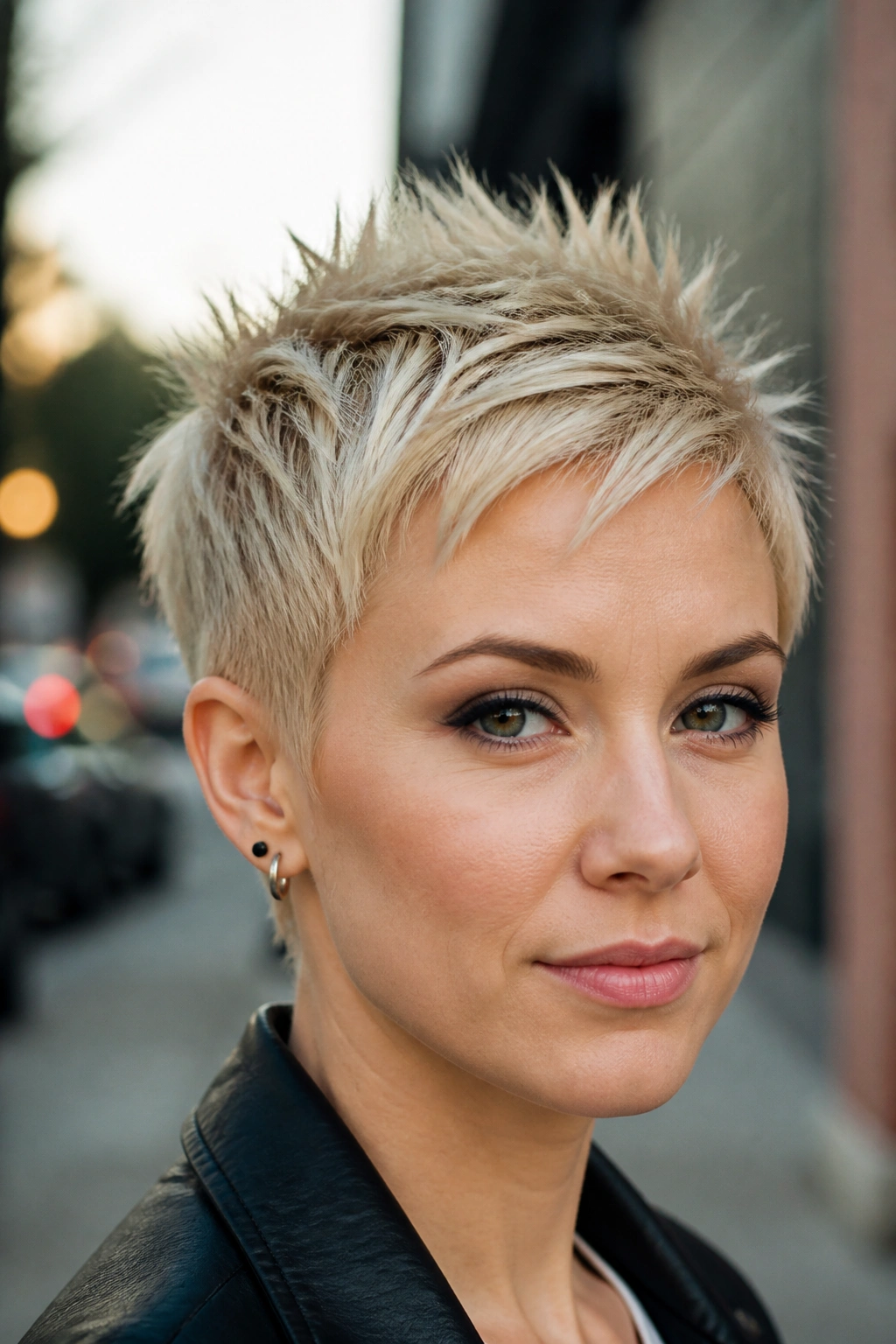 Close-up of a real woman with spiky blonde pixie showing upward spikes.