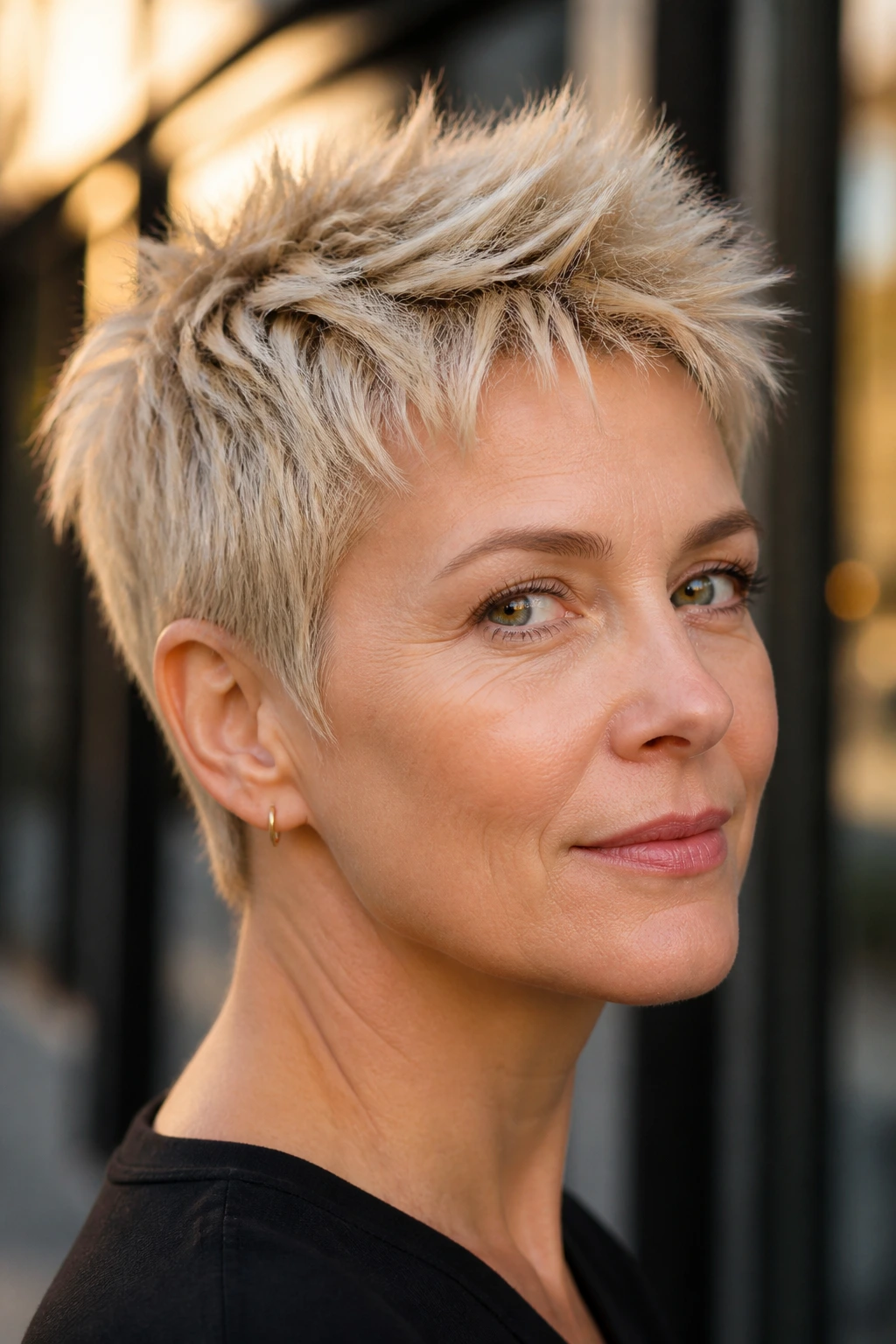 Close-up portrait of a real woman with a spiky blonde pixie in an urban setting