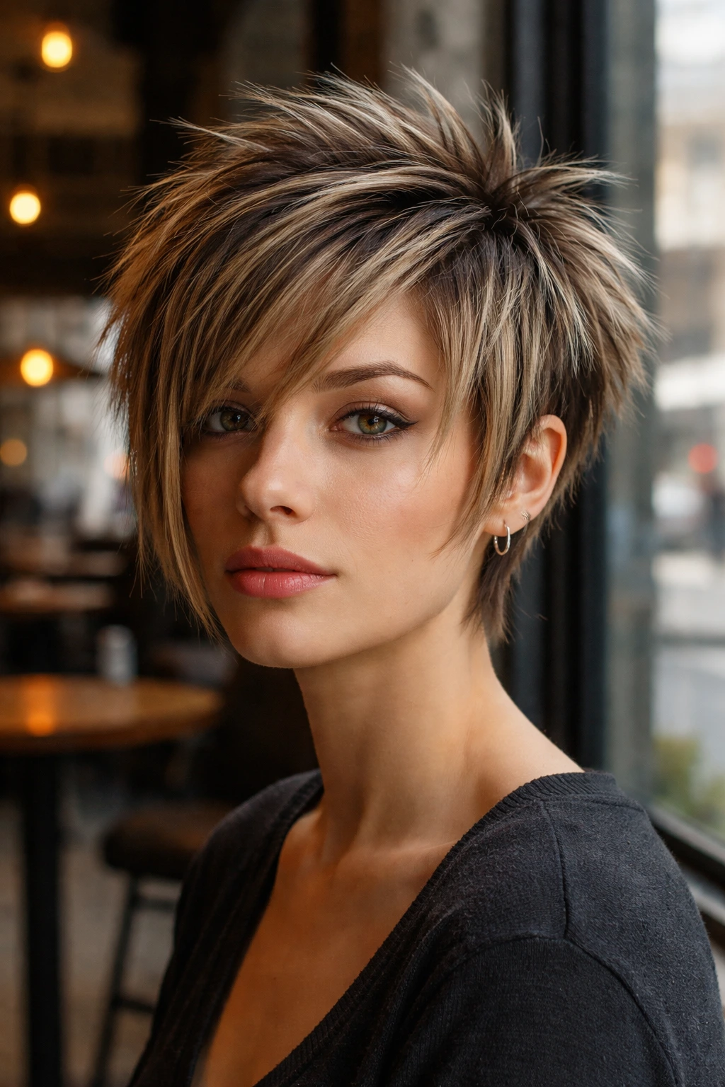 Close-up portrait of a real person with a spiky pixie-bob haircut under cafe window light