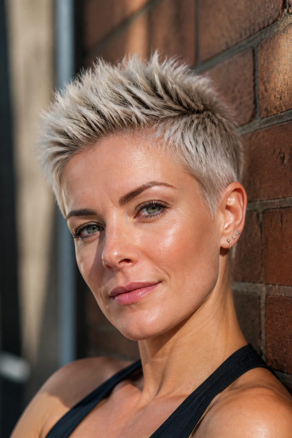 Close-up portrait of a real person with a super-short spiky pixie hairstyle