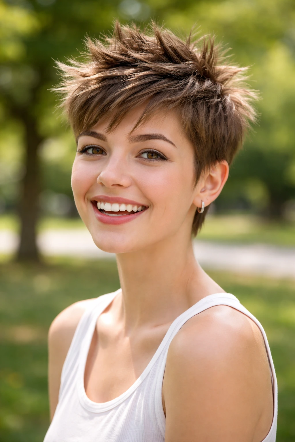 Portrait of a real girl with a spiky pixie hairstyle and upward-pointing spikes