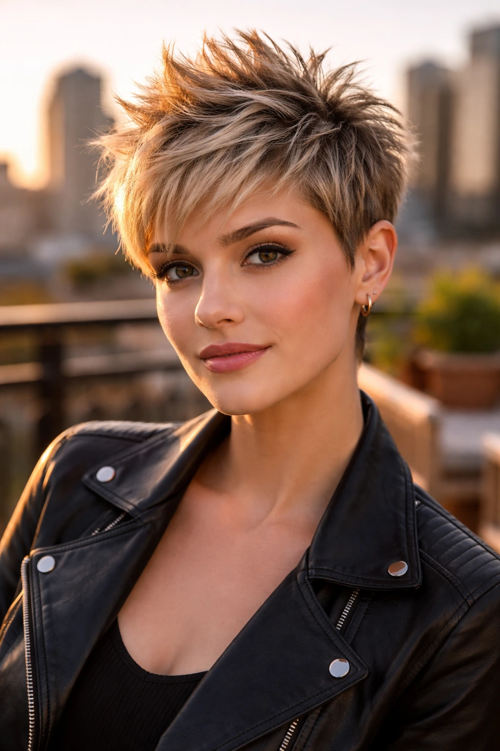 Close-up portrait of a real woman with piecey spiky pixie under golden hour light