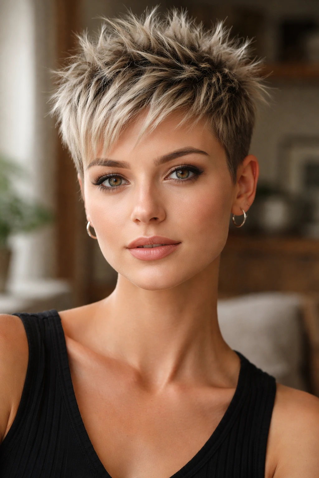 Close-up of a real woman with a matte-textured spiky pixie haircut