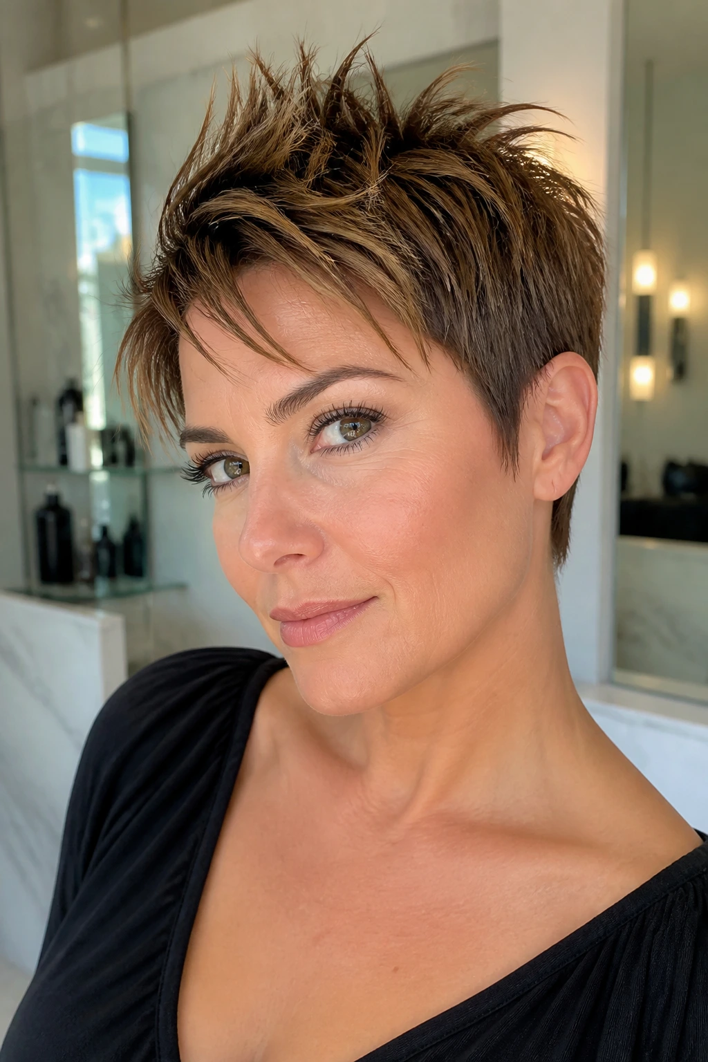 Close-up of a real woman with a piecey top and spiky pixie texture