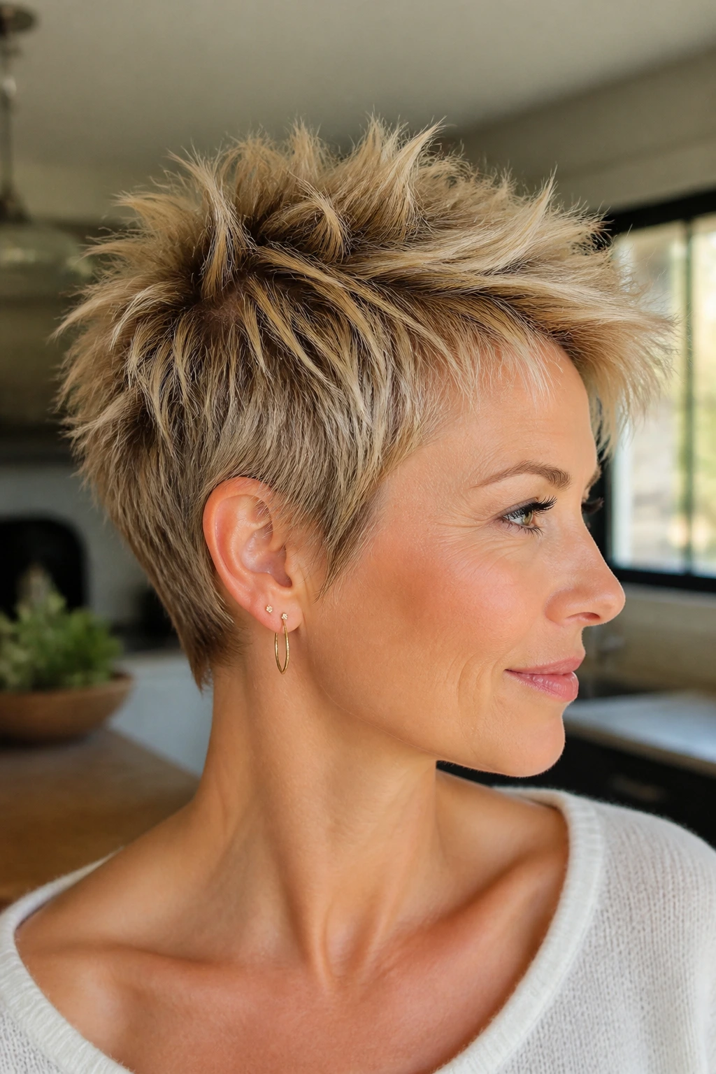 Close-up profile of a real woman with spiky pixie texture in warm blonde in a bright kitchen