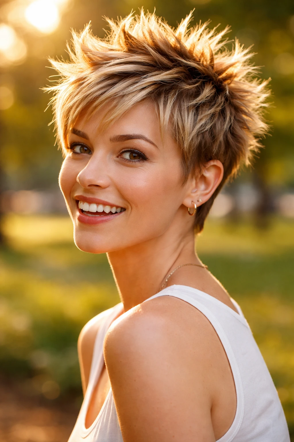 Portrait of a woman with spiky texture pixie showing defined spikes.
