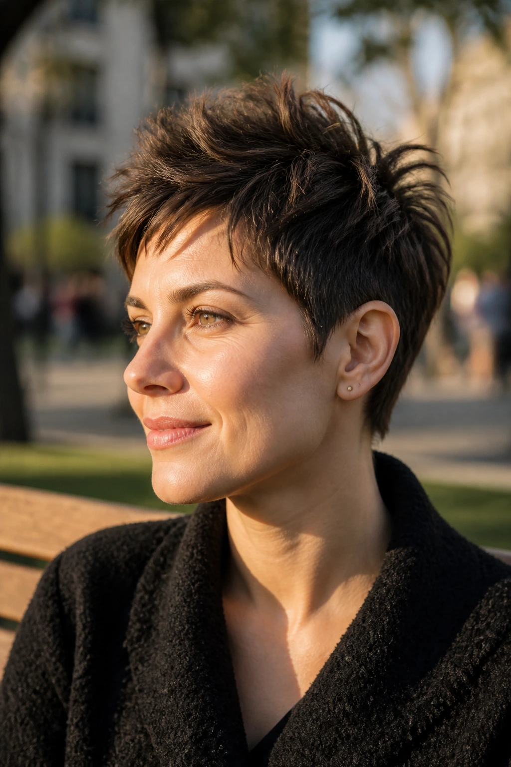 Close-up of a real person with Spiky Soft-Edged Pixie on a park bench in afternoon sun