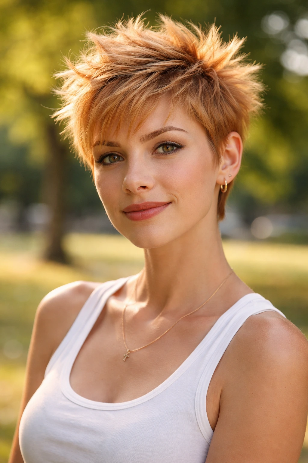 Close-up of a real woman with a spiky strawberry-blonde pixie in bright outdoor light.