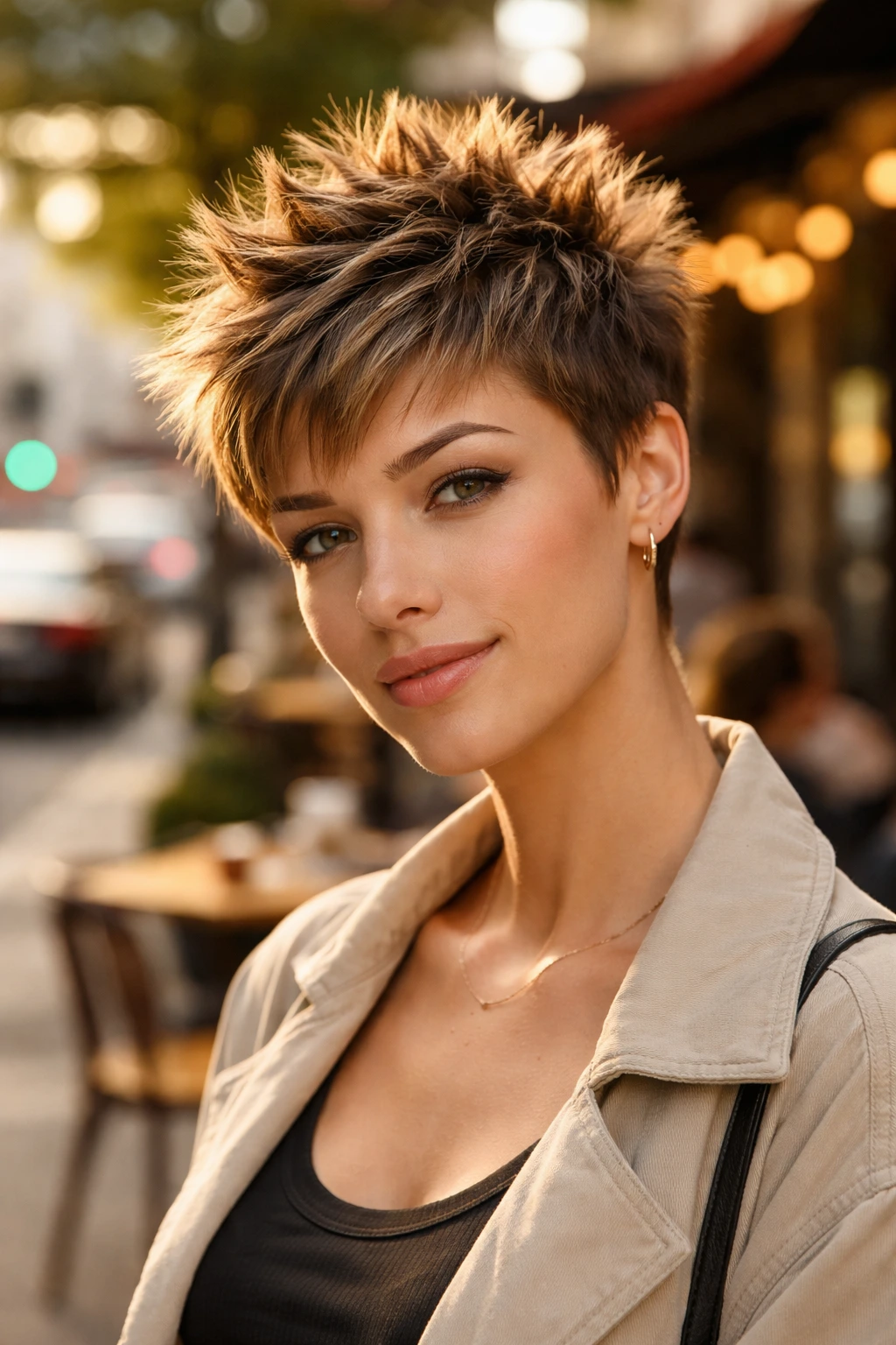 Close-up of a real woman with a spiky textured pixie hairstyle