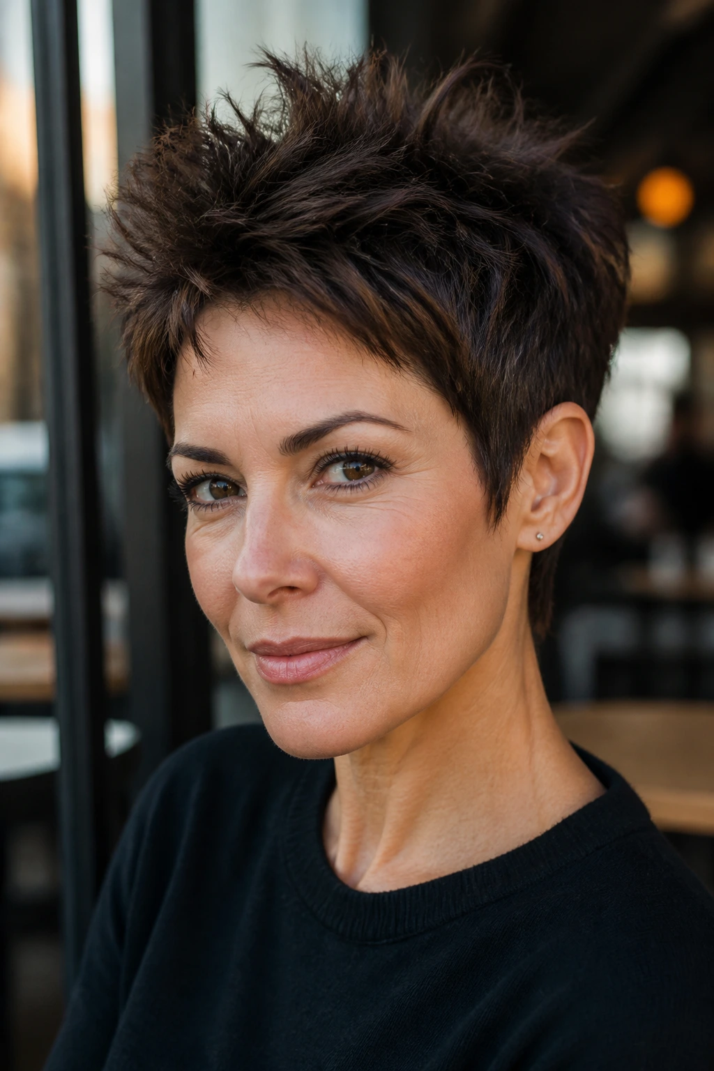 Close-up portrait of a real woman with Spiky Textured Pixie on brunette hair in natural cafe light