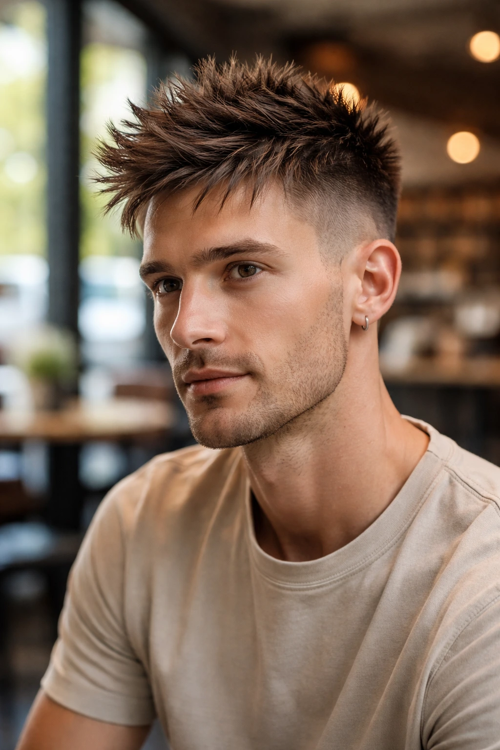 Close-up of a man with a spiky top crop in a cafe setting
