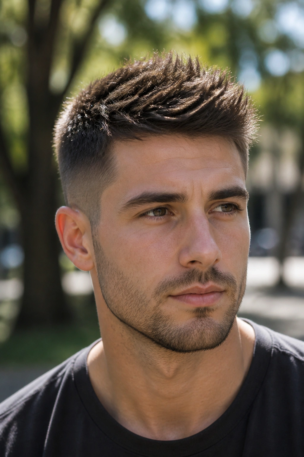 Close-up portrait of a man with a spiky top haircut outdoors